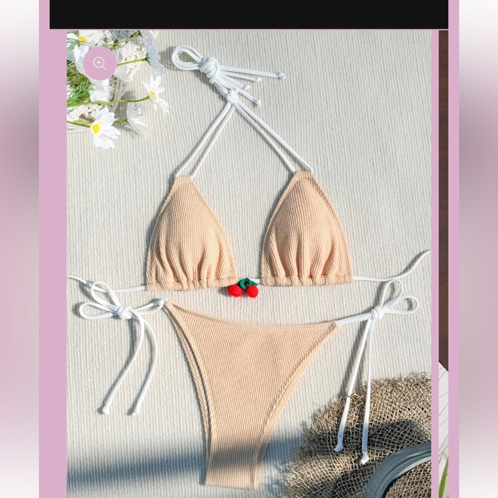 Beige Bikini Set with Cherry Detail